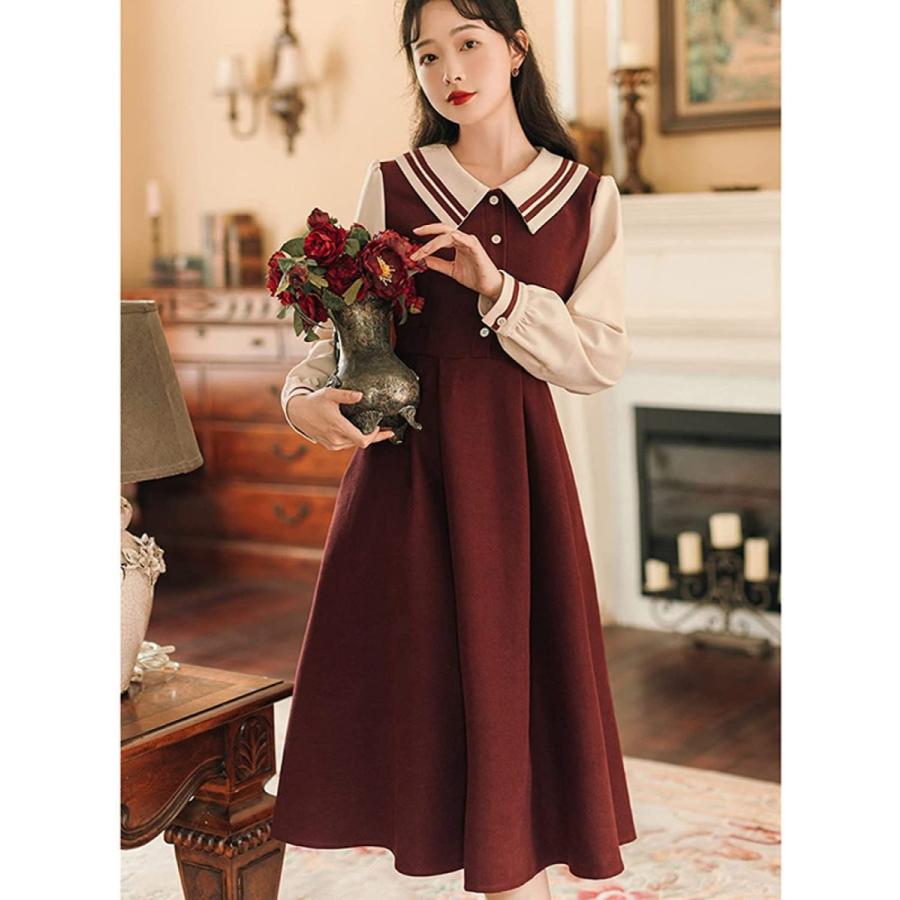 激安先着 長袖 着痩 レトロ Aライン 切り替え 配色 甘い 優雅 森ガール Vネック レディース ワンピース ゆったり Sf6253 体型カバー ワンピース サイズ M Kgplast Com