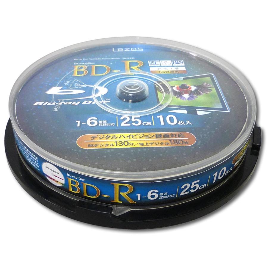 BD-R 10枚 おすすめ  Lazos ブル-レイディスク BD-R 1回録画用データ/ビデオ対応 25GB 130min 1-6倍速 10枚 スピンドルケース｜mono-pocket