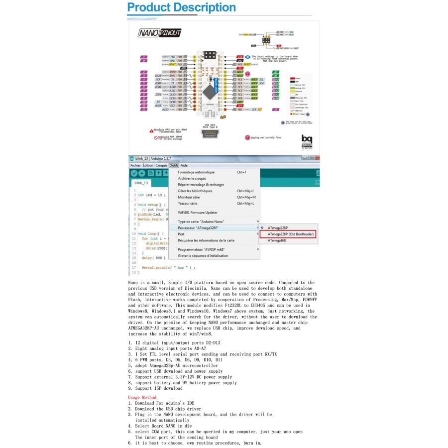 USB MiniB Arduino Nano V3.0 CH340 ATmega 328P Atmel mega 328 Nano V3.0 互換 5V 16M マイクロコントローラーボード マイコン 開発ボード 1個 |  | 05