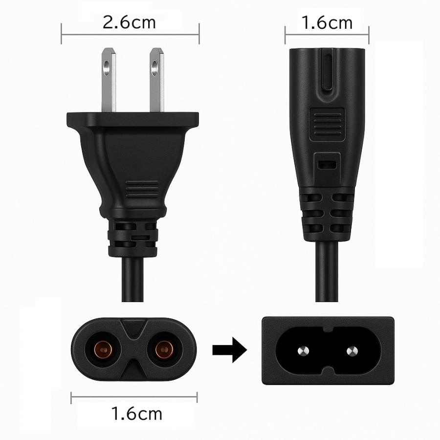 30cm ACアダプタ用 電源ケーブル 2Pオス メガネ型 コネクタ対応 C7