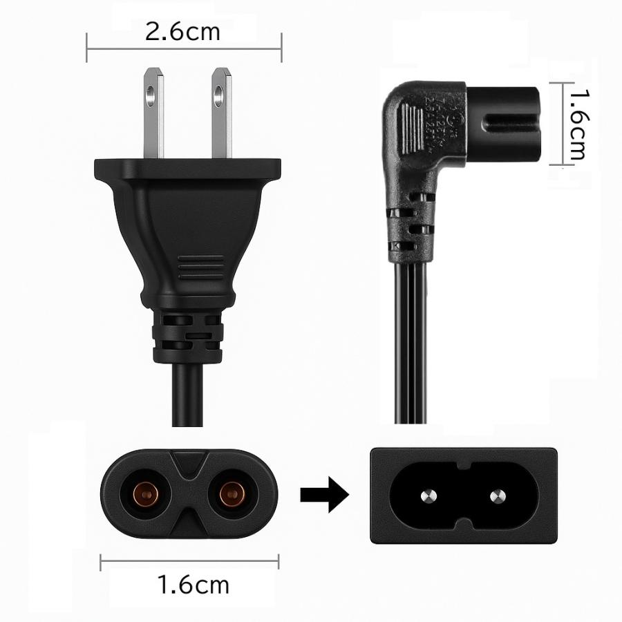 30cm ACアダプタ用 電源ケーブル L字型 2Pオス メガネ型 コネクタ対応