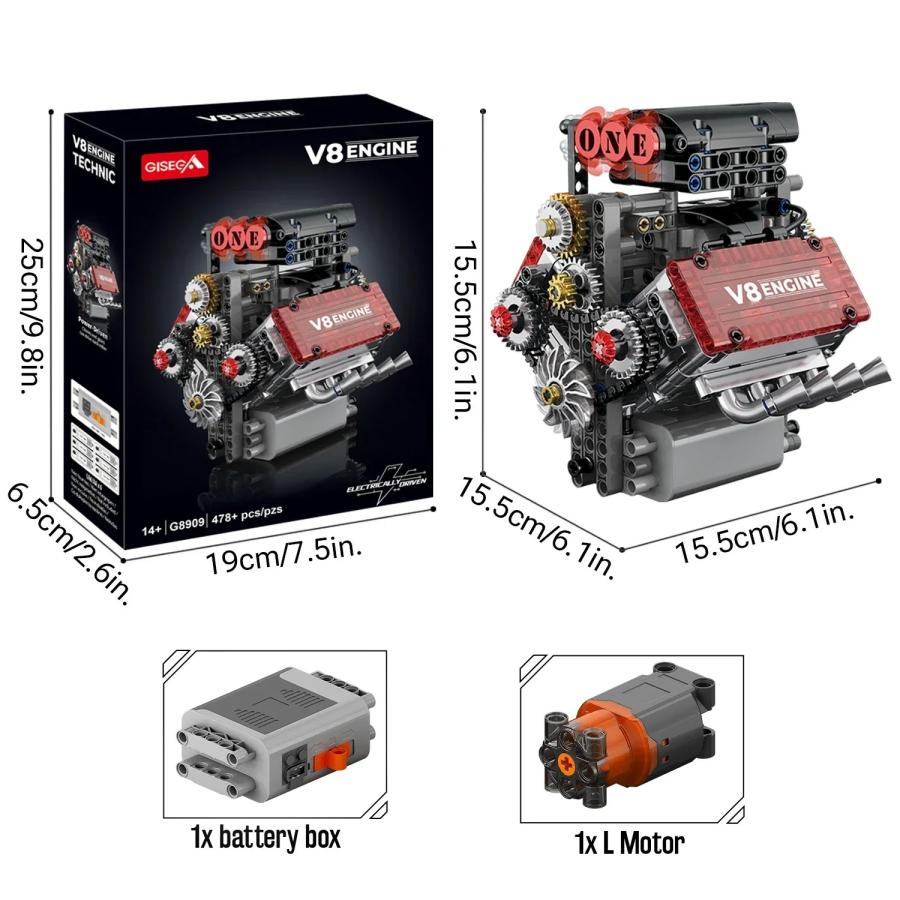 MOC LEGO レゴ ブロック テクニック 互換 478個 V8エンジン 組み立てブロックキット + Lモーター + 電池ボックス 歯車 パーツの画像