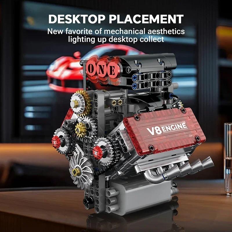 MOC LEGO レゴ ブロック テクニック 互換 478個 V8エンジン 組み立てブロックキット + Lモーター + 電池ボックス 歯車 パーツの画像
