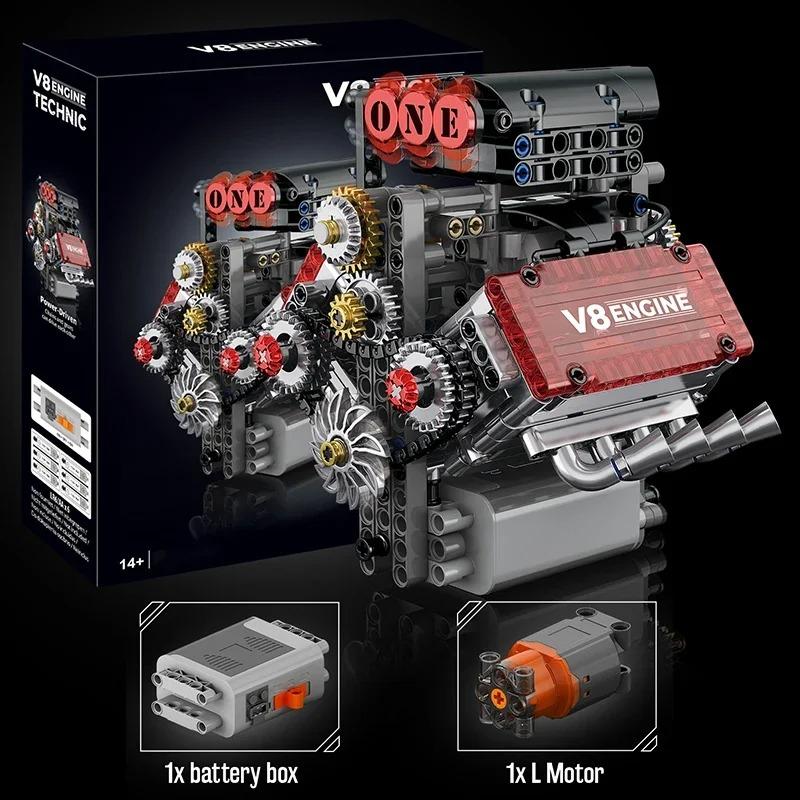 MOC LEGO レゴ ブロック テクニック 互換 478個 V8エンジン 組み立てブロックキット + Lモーター + 電池ボックス 歯車 パーツの画像