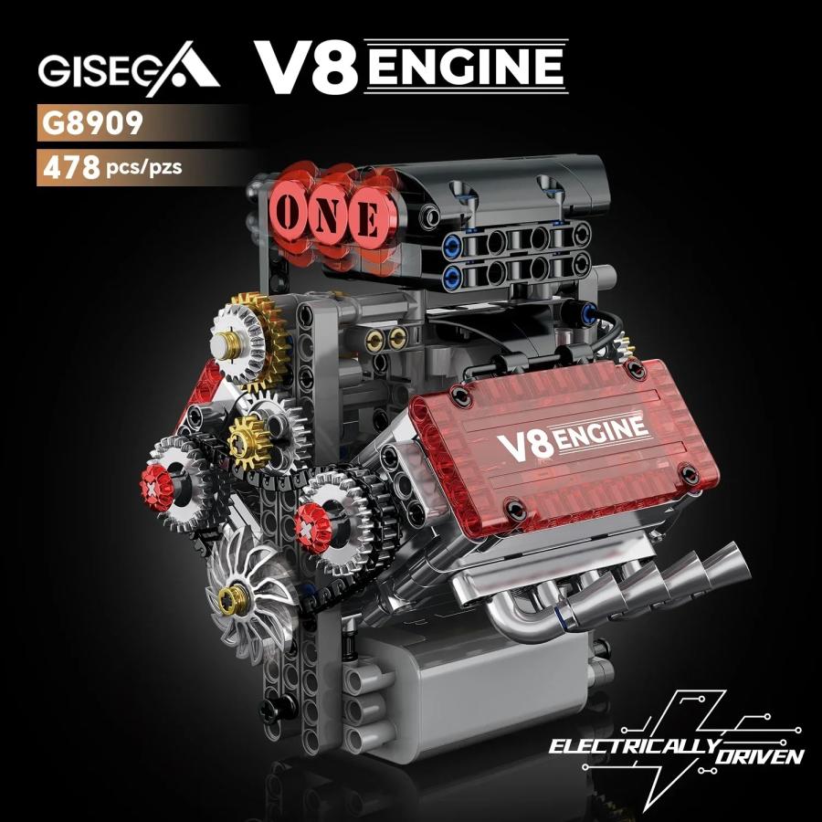 MOC LEGO レゴ ブロック テクニック 互換 478個 V8エンジン 組み立てブロックキット + Lモーター + 電池ボックス 歯車 パーツの画像