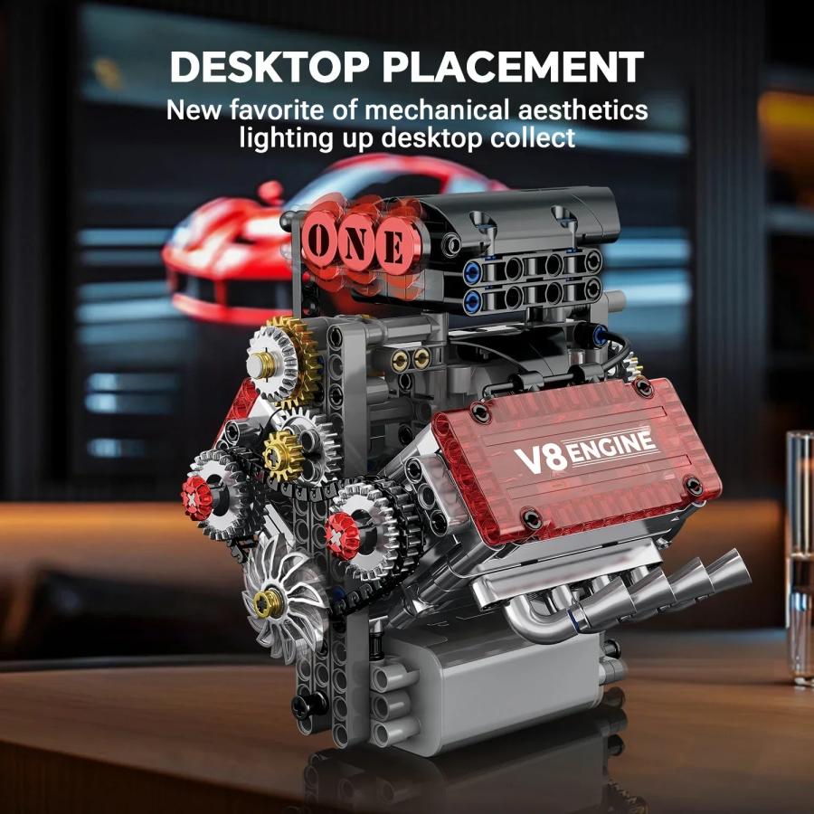 MOC LEGO レゴ ブロック テクニック 互換 478個 V8エンジン 組み立てブロックキット + Lモーター + 電池ボックス 歯車 パーツの画像