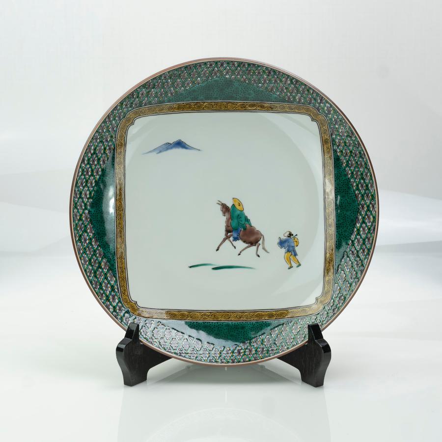 九谷焼 飾り大皿 色絵蘇東坡飾皿 三代為吉 三ツ井詠一 皿立て付 共箱