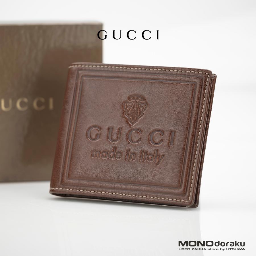 グッチ GUCCI 二つ折り 札入れ レザー ウォレット ブラウン ロゴ刻印 メンズ 【美品・箱付】 GUCCI（グッチ） 二つ折り 札入れ レザー ウォレット ブラウン ロゴ