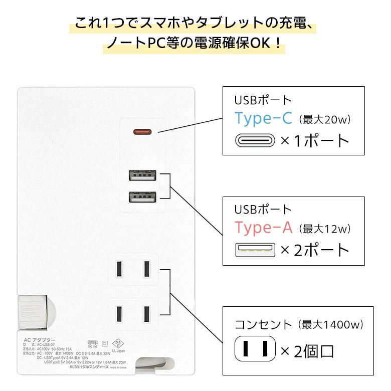 ACタップ USB フォトフレーム型 USBポート Tupe-Cポート付き タイプC gmd-02wh｜monomode0629｜06