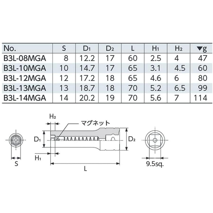 KTC 京都機械工具 B3L-10MGA 9.5mm (3/8インチ) マグネットディープソケット 送料無料｜monopa-y｜03