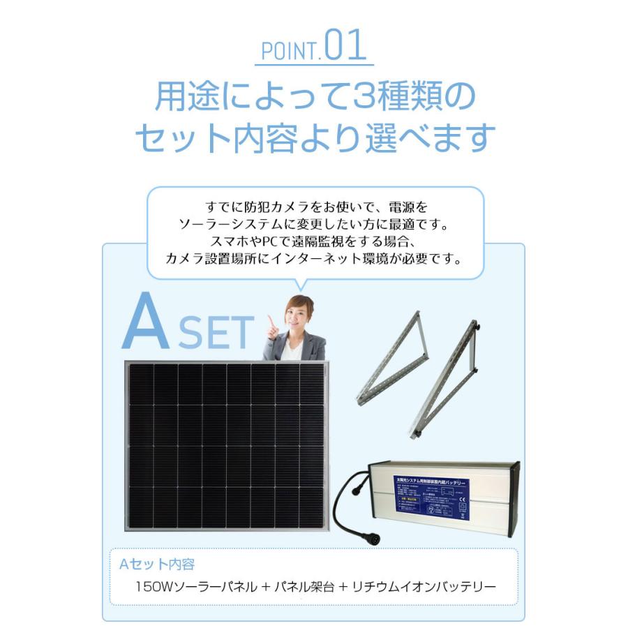 電源不要 防犯カメラ用 ソーラーパネル 電源セット 150W 大容量 リチウムイオンバッテリー 駐車場 畑 資材置場の監視に | ACE SECURITY SYSTEM | 10