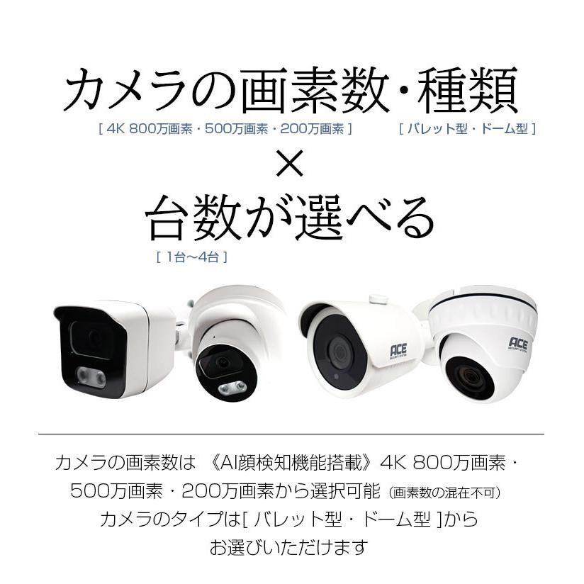 防犯カメラ PoE給電 カメラの電源不要 設定不要 200/500/AI顔検知対応4K 800万画素も選べる PoE NVR+IPカメラ1〜4