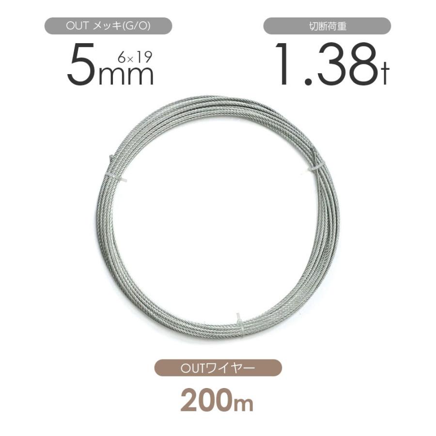 アウトワイヤー メッキ(G/O) 6×19 5mm 200m巻 ワイヤーロープ1巻 丸物 