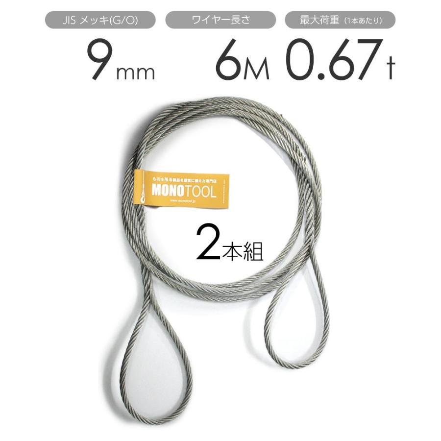 編み込みワイヤー JISメッキ G O 9mm 3分 品質満点 フレミッシュ 玉掛ワイヤー 2本組 日本人気超絶の 玉掛けワイヤーロープ x6m