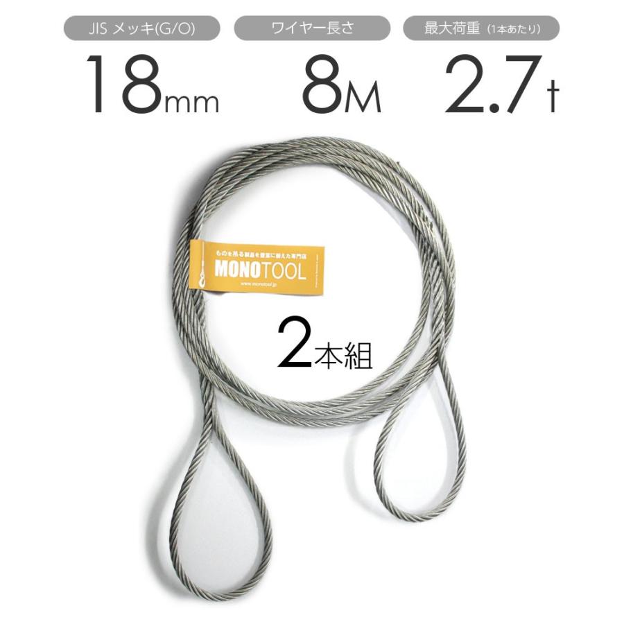 編み込みワイヤー JISメッキ(G O) 18mm（6分）ｘ8m 玉掛けワイヤーロープ 2本組 フレミッシュ 玉掛ワイヤー