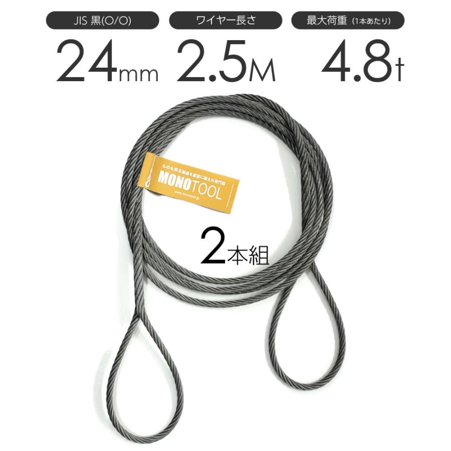 全ての 24mm（8分）x2.5m JIS黒(O/O) 編み込みワイヤー 玉掛けワイヤーロープ 玉掛ワイヤー フレミッシュ 2本組 スリング、吊具