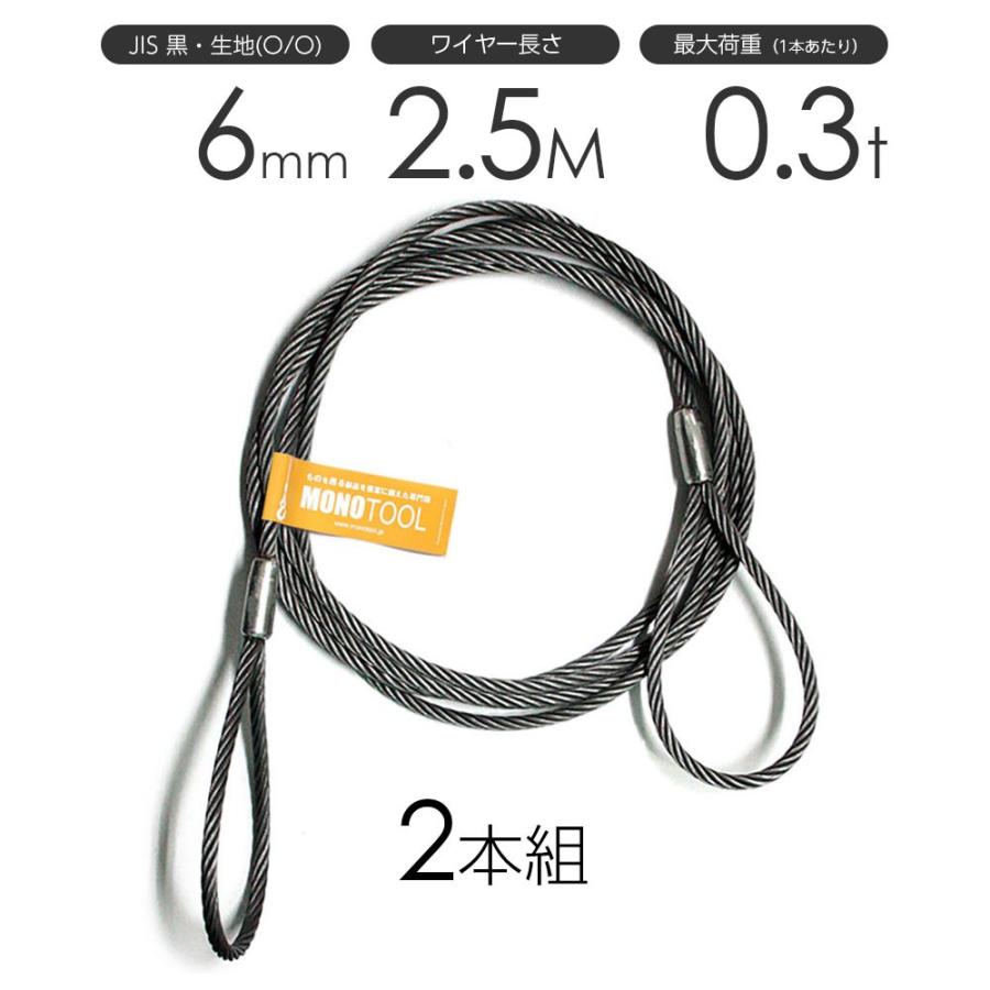 玉掛けワイヤーロープ 2本組 両アイロック加工 黒(O/O) 6mmx2.5m 玉掛けワイヤーロープ 2本組 両アイロック加工 黒(O/O) 6mmx2.5m