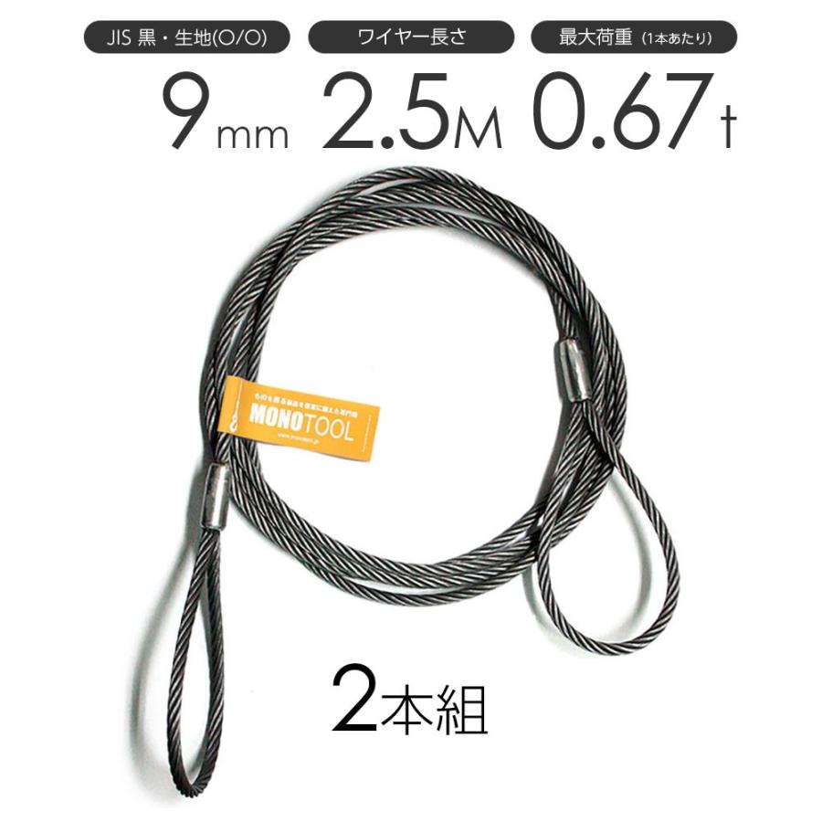 玉掛けワイヤーロープ 2本組 両アイロック加工 黒(O/O) 9mmx2.5m 玉掛けワイヤーロープ 2本組 両アイロック加工 黒(O/O) 9mmx2.5m