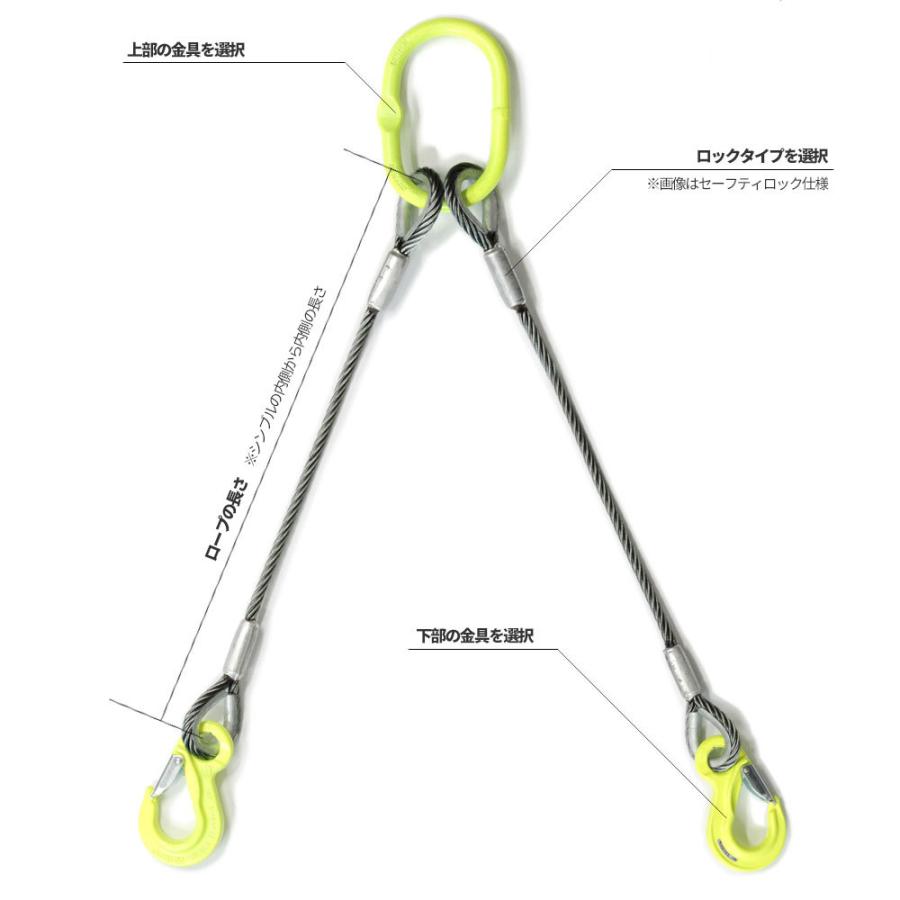 2本吊り　玉掛けワイヤー　φ10mm　JISワイヤーロープ　使用荷重:1.59t　O)　オーダーメイド　黒(O　リング・フック付き