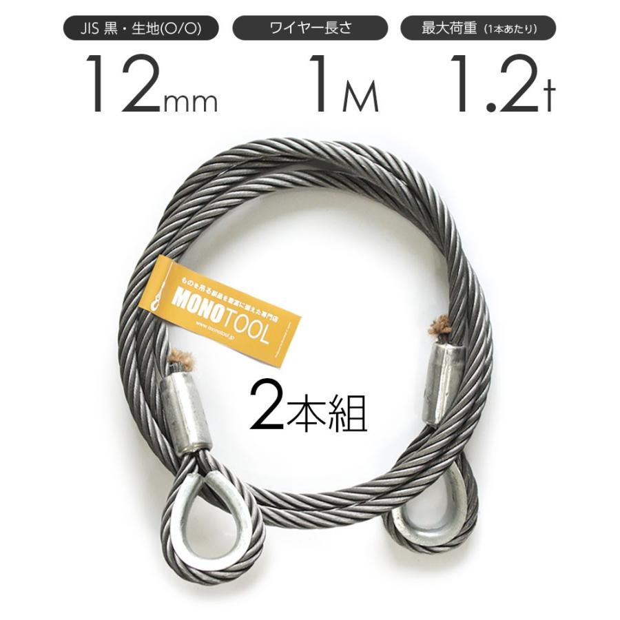 玉掛けワイヤーロープ 2本組 両シンブル 黒(O/O) 12mmx1m JISワイヤー