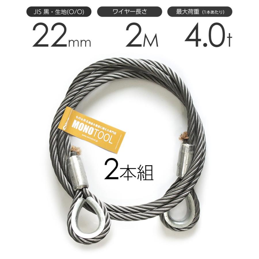 玉掛けワイヤーロープ　2本組　両シンブル　22mmx2m　黒(O　O)　JISワイヤーロープ