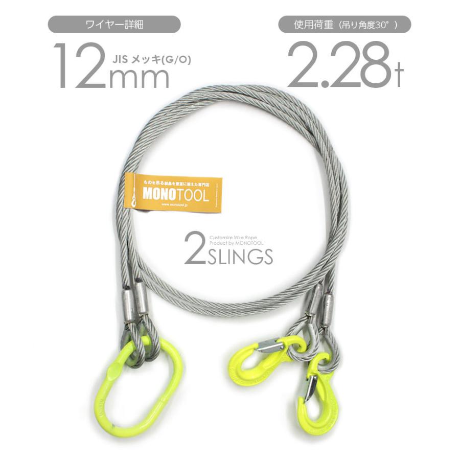 2本吊り 玉掛けワイヤー φ12mm メッキ(G/O) 使用荷重:2.28t 2本吊り 玉掛けワイヤー φ12mm メッキ(G/O) 使用荷重:2.28t
