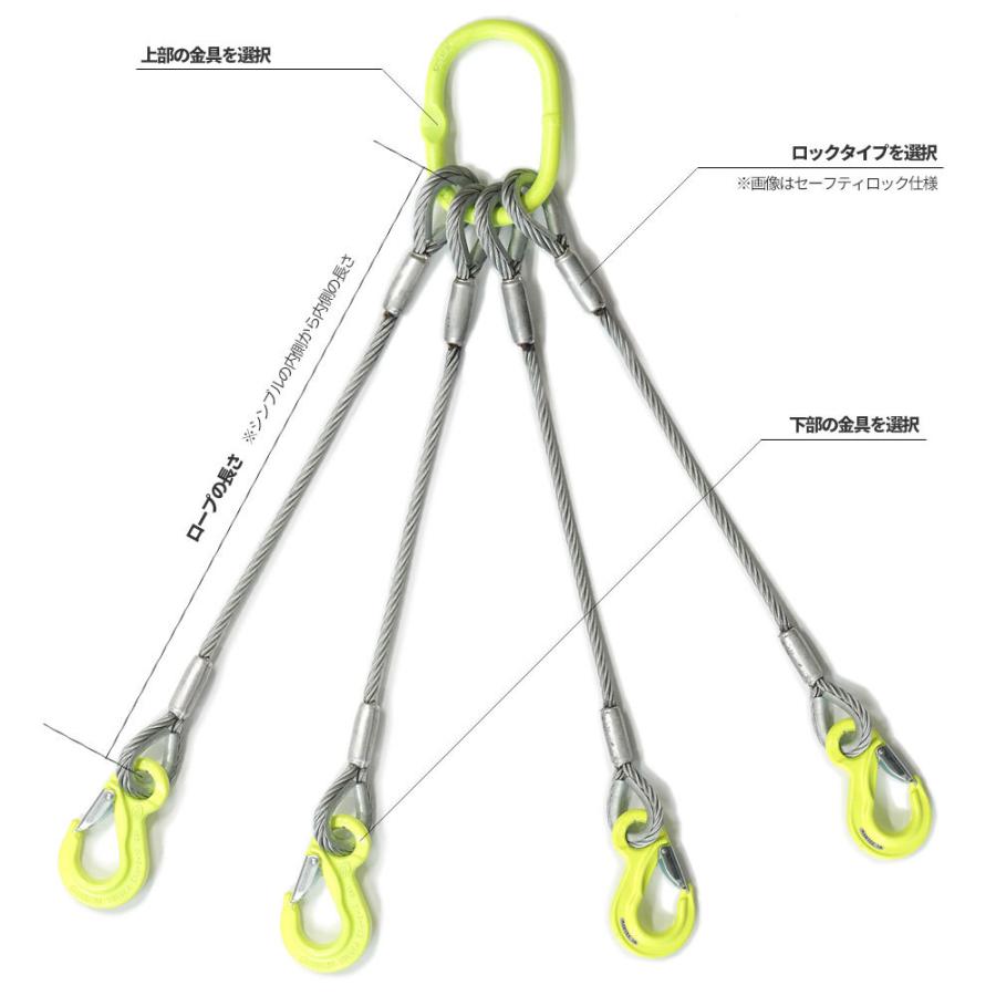 4本吊り 玉掛けワイヤー φ14mm メッキ(G/O) 使用荷重:4.59t 4本吊り 玉掛けワイヤー φ14mm メッキ(G/O) 使用荷重:4.59t