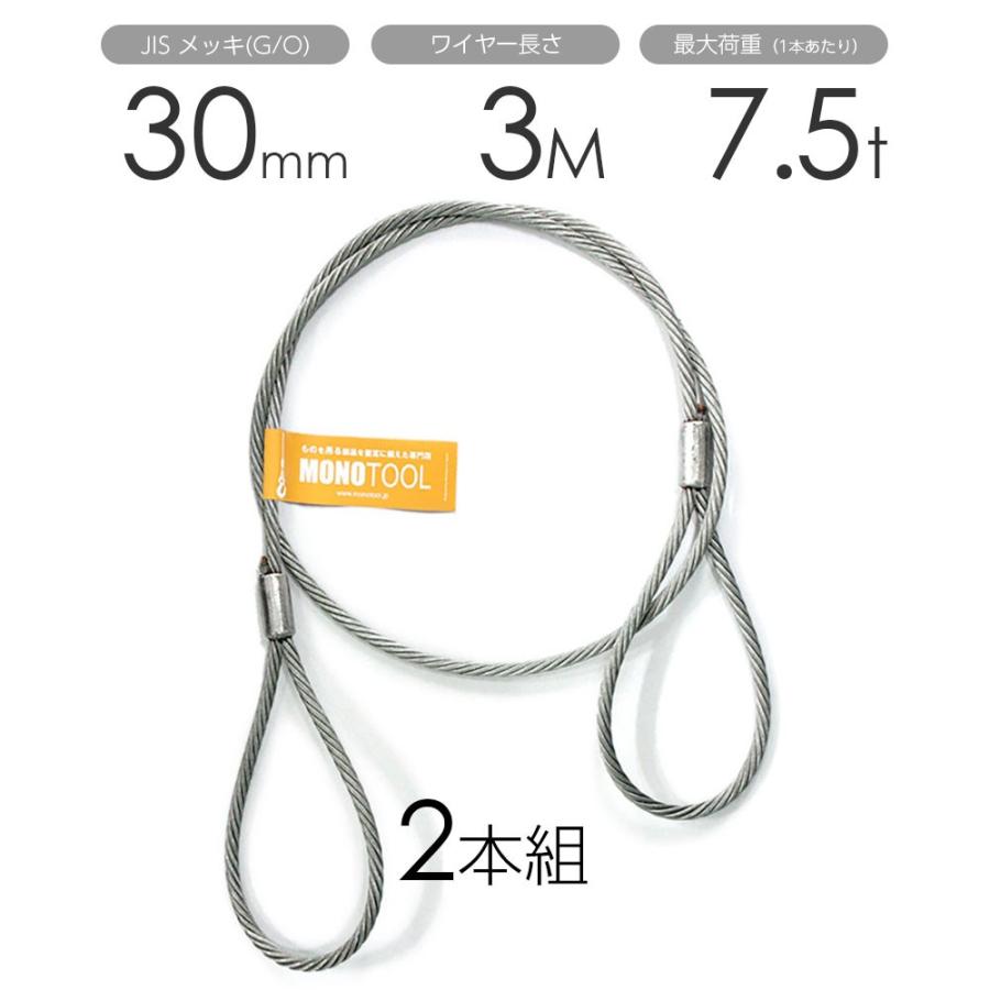 玉掛けワイヤー 2本組 両アイロック加工 メッキ 30mmx3m : モノツール