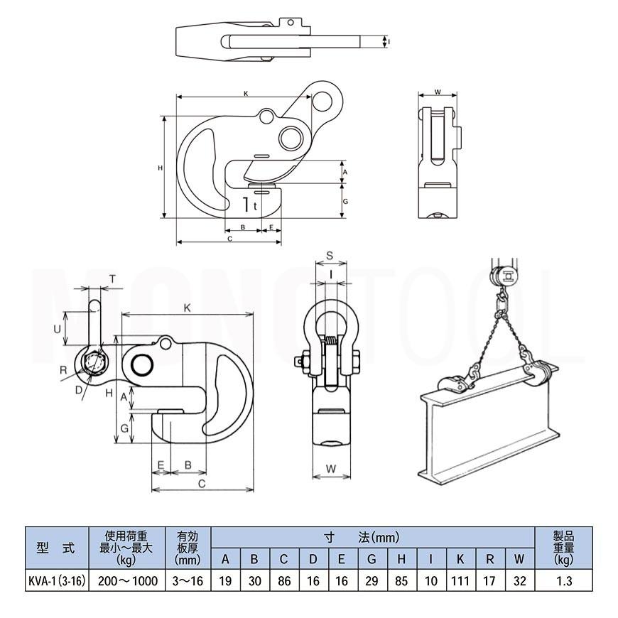 イーグルクランプ　鉄鋼用クランプ　形鋼横つり用　KVA型　KVA-1　有効板厚3-16mm