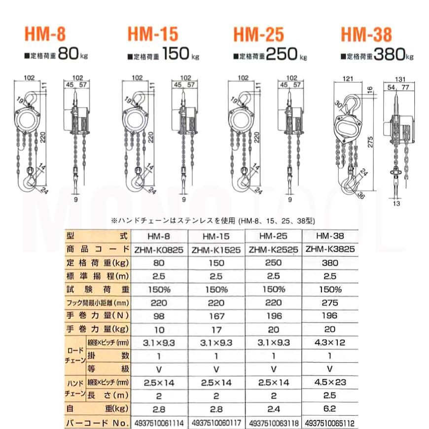 揚程長さのカスタムOK!!　象印　ホイストマン　チェーンブロック　手動　定格荷重250kg　HM-25　ステンレス製ハンドチェーン