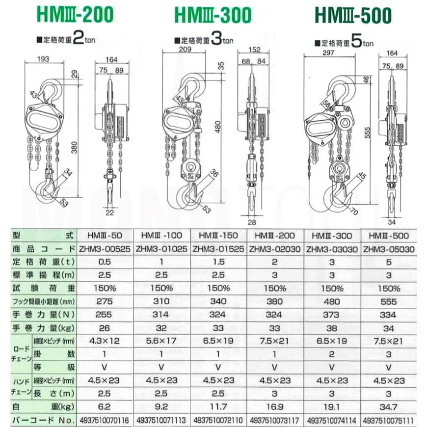 揚程長さのカスタムOK!!　フック変更可能!!　象印　HMIIIR-50　HM3R-50　ホイストマン　HM3-50　HMIII-50　定格荷重0.5t