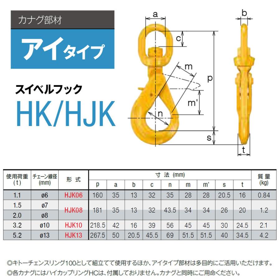 キトー HJK08 ※旧HK2080 スイベルフックHK φ7mm-8mm 使用荷重2.0 キトー HJK08 ※旧HK2080 スイベルフックHK φ7mm-8mm 使用荷重2.0