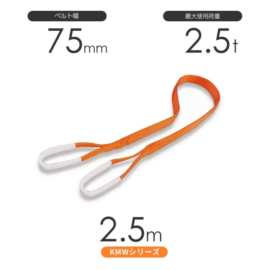 大人気新品  国産ナイロンスリング 丸善織物 使用荷重:2.5t 両端アイ形（E型）幅75mm×2.5m KMWシリーズ（1色） スリング、吊具