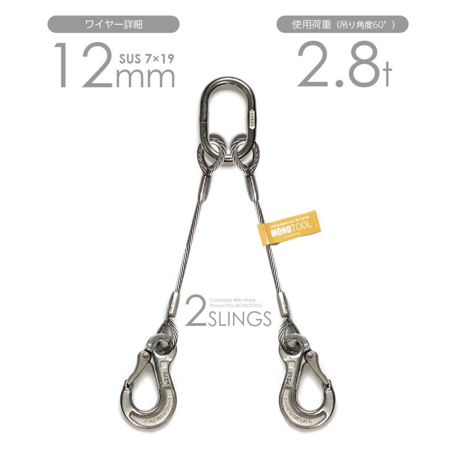 2本吊りALLステンレスワイヤー 12mm(7x19 SUS) リング・フック付き