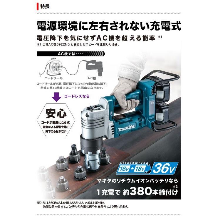 マキタ 充電式シャーレンチ WT310DPG2 (18V/6.0Ah)(バッテリBL1860B×2・充電器DC18RD・ショルダベルト・ケース付)｜monoyell｜03