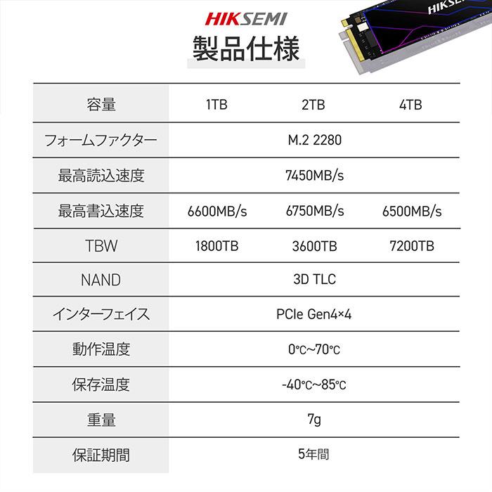 HIKSEMI 4TB NVMe SSD PCIe Gen4×4 R:7,450MB/s W:6,500MB/s PS5 HIKSEMI 4TB NVMe SSD PCIe Gen4×4 R:7,450MB/s W:6,500MB/s PS5