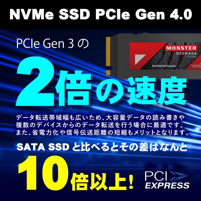 Monster Storage 1TB NVMe SSD PCIe Gen 4×4 最大読込: 7,400MB/s 最大書き：5,500MB/s PS5確認済み ヒートシンク付き M.2 SSD 3D TLC MS950G75PCIe4HS-01TBの画像