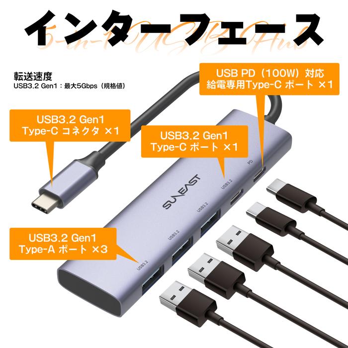 SUNEAST USB Type-C マルチハブ 5in1 Multi HUB 高速データ転送 USB3.2 Gen1（Type-C&A 合計4ポート）USB PD100W対応 アルミニウム合金 スリム小型｜monster-storage｜03