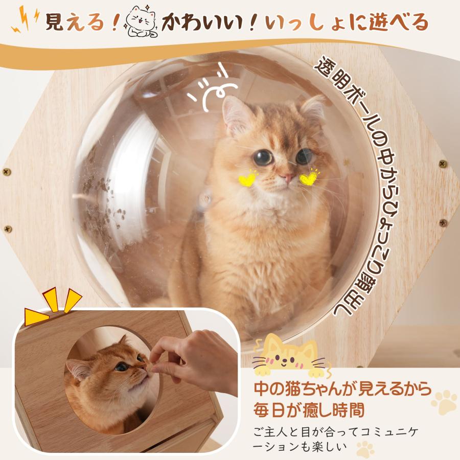猫タワー 木製 宇宙船型ハウス 隠れ家2つ ステップ台搭載 展望台