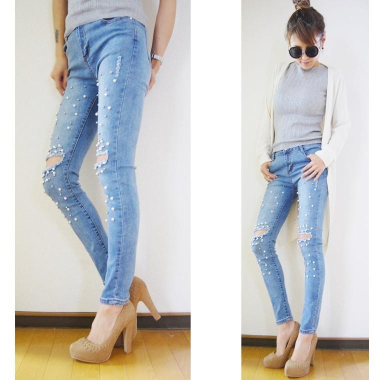 ダメージ入りパールビジューデコレーションスキニーデニムパンツ