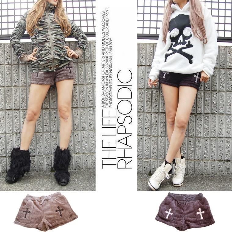 クロス刺繍ボアショートパンツ3色/ファー/ショーパン/レディース