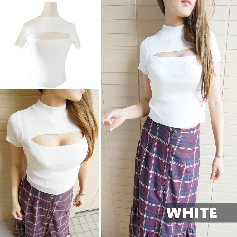 胸元オープン半袖ニットトップス3色 バストカット 胸あき ボトルネック プチタートル セクシー デート エロ服 肌見せ 谷間見せ 2100 Moonbud 通販 Yahoo ショッピング