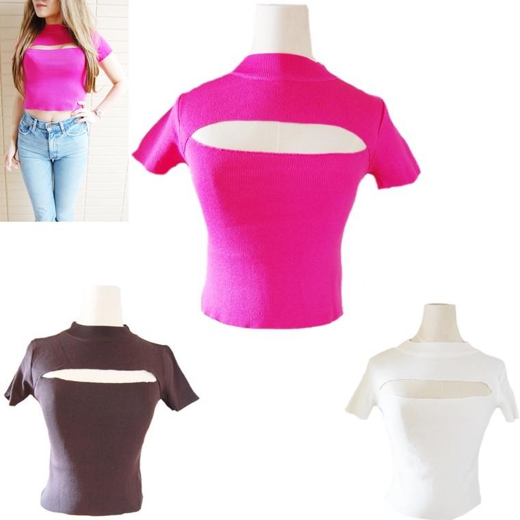 胸元オープン半袖ニットトップス3色 バストカット 胸あき ボトルネック プチタートル セクシー デート エロ服 肌見せ 谷間見せ 2100 Moonbud 通販 Yahoo ショッピング