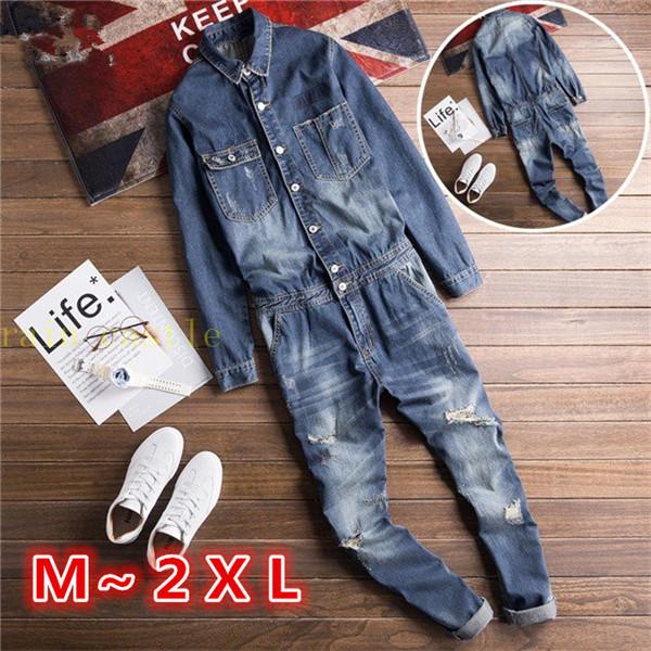 売れ筋 大人気 サロペット オーバーオール メンズ デニム スリム 長袖つなぎ スキニー パンツ 作業着 青色 オールインワン