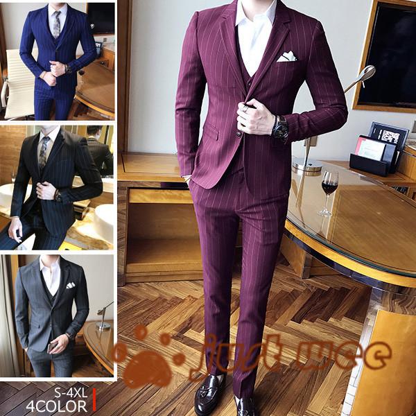 人気のファッションブランド 細身 スーツ シングル メンズ ３点セット 卒業式 パーティー ビジネス ストライプ柄 上下３点セット 細身 スーツ シングル メンズ 4色 紳士服 ビジネススーツ Headshotsbar Com
