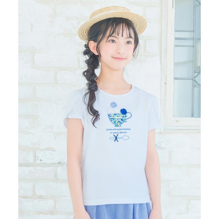 子供服 女の子 Tシャツ 半袖 普段着　通学着　ジュニアサイズ綿100％花柄ティーカップモチーフチューリップ袖 オフホワイト パープル むーのんのん moononnon｜moononnon｜04