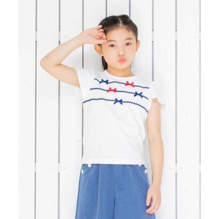 子供服 女の子 Tシャツ 半袖 普段着 通学着 綿100 リボン付きフレアースリーブトリコロールカラー オフホワイト むーのんのん Moononnon Moononnon 通販 Yahoo ショッピング