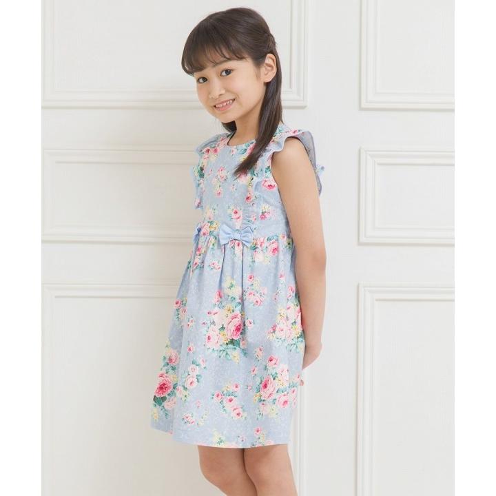 アウトレットセール 100cm限定 子供服 女の子 ワンピース ノースリーブ 日本製 綿100％ 花柄リボン＆フリルつきギャザー むーのんのん MOONONNON｜moononnon｜16