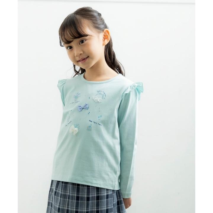 子供服 女の子 Tシャツ 長袖 普段着 通学着 綿100％音符モチーフラメプリント イエロー グリーン 120cm 130cm 140cm 150cm 160cm むーのんのん moononnon｜moononnon