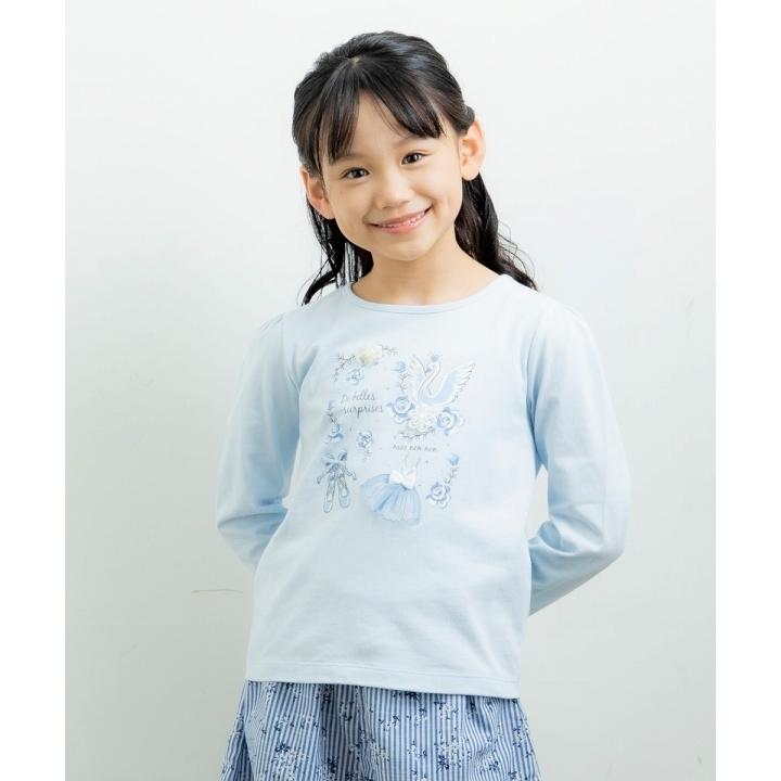 アウトレットセール 150cm限定 160cm限定 子供服 女の子 Tシャツ 長袖 通学着　綿100％ バレエ 白鳥 オフホワイト ブルー むーのんのん moononnon｜moononnon｜09